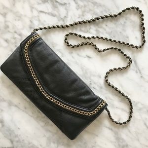 Black Leather Convertible Clutch with Chain Detail